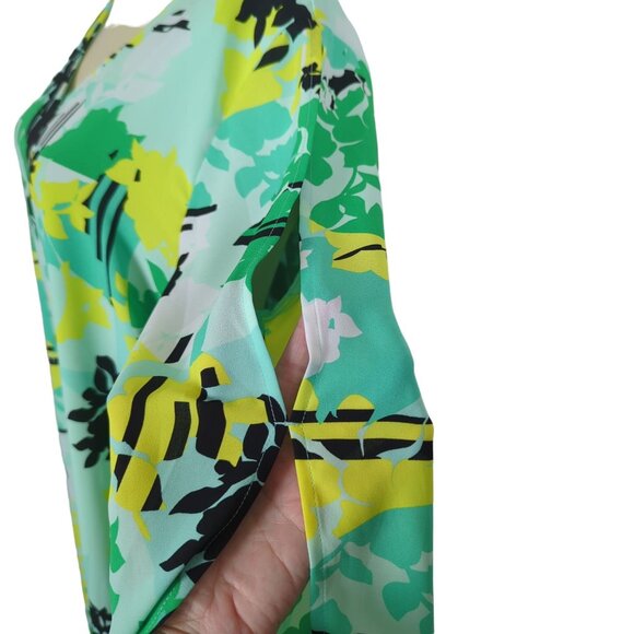 KAARI Blue V-Neck Long keyhole Sleeve yellow green abstract print Dress Size L - Picture 10 of 16